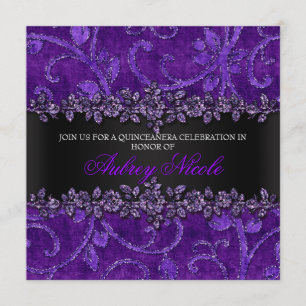 Purple Faux Glitter & Velvet Floral Quinceanera Invitation