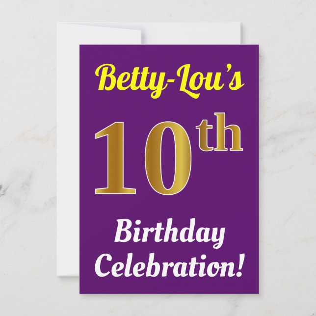 Purple, Faux Gold 10th Birthday Celebration + Name Invitation (Front)