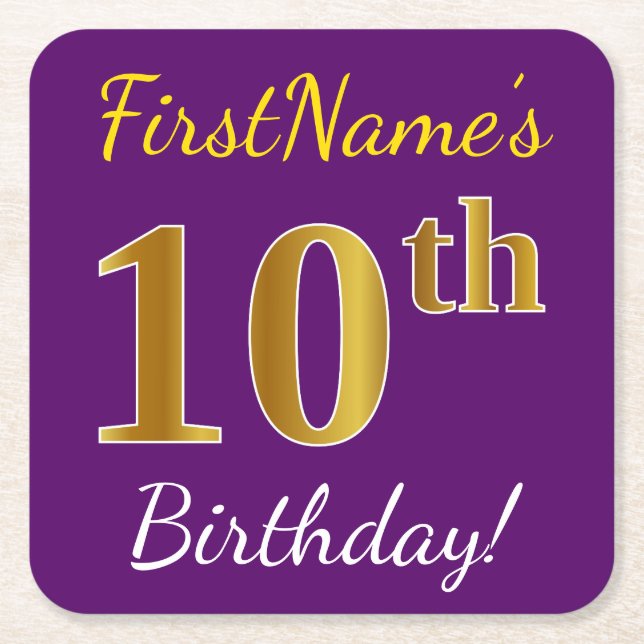 Purple, Faux Gold 10th Birthday + Custom Name Square Paper Coaster (Front)