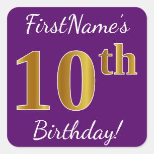 Purple, Faux Gold 10th Birthday + Custom Name Square Sticker
