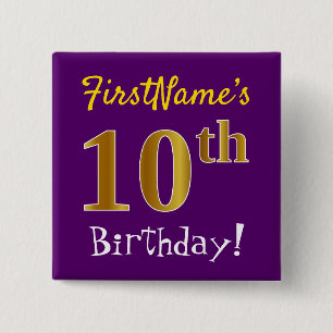 Purple, Faux Gold 10th Birthday, With Custom Name 15 Cm Square Badge