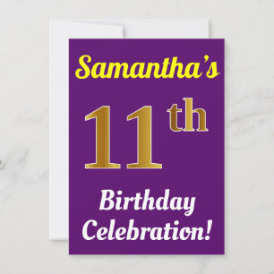 Purple, Faux Gold 11th Birthday Celebration + Name Invitation