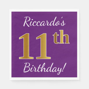Purple, Faux Gold 11th Birthday + Custom Name Napkin