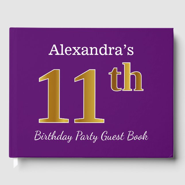 Purple, Faux Gold 11th Birthday Party; Custom Name Guest Book (Front)