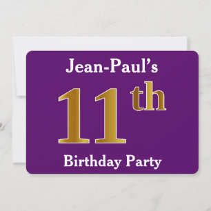 Purple, Faux Gold 11th Birthday Party; Custom Name Invitation