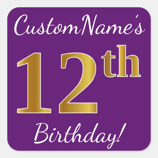 Purple, Faux Gold 12th Birthday + Custom Name Square Sticker (Front)