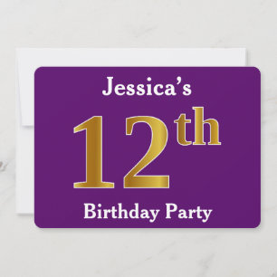 Purple, Faux Gold 12th Birthday Party; Custom Name Invitation