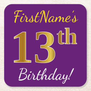 Purple, Faux Gold 13th Birthday + Custom Name Square Paper Coaster