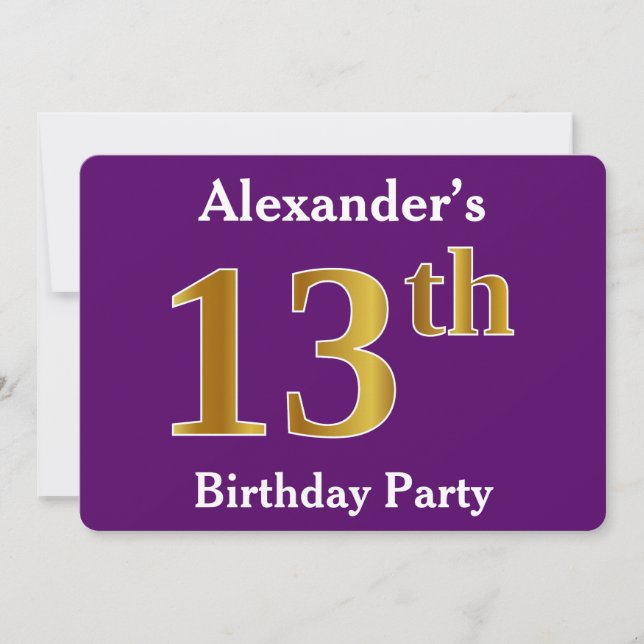 Purple, Faux Gold 13th Birthday Party; Custom Name Invitation (Front)