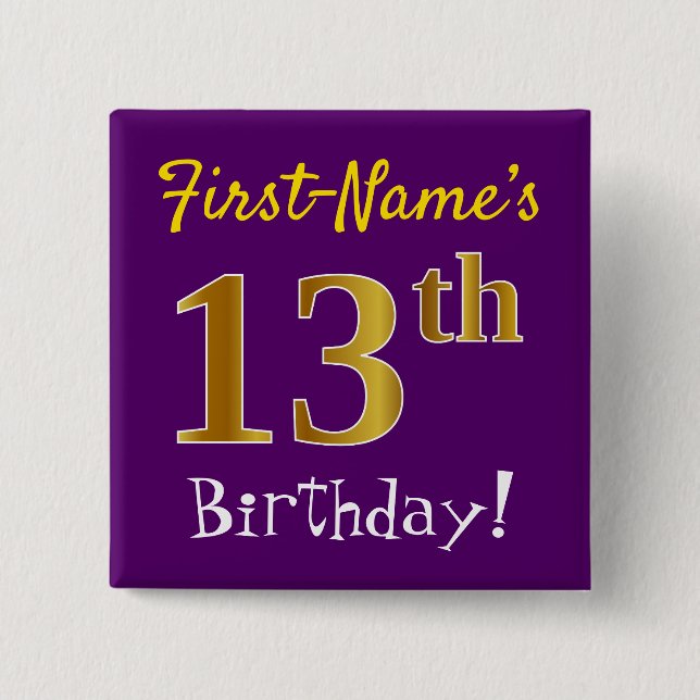 Purple, Faux Gold 13th Birthday, With Custom Name 15 Cm Square Badge (Front)
