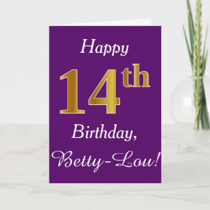 Purple, Faux Gold 14th Birthday + Custom Name Card