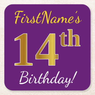 Purple, Faux Gold 14th Birthday + Custom Name Square Paper Coaster