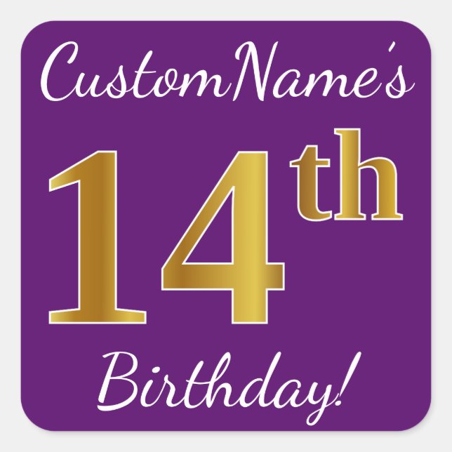 Purple, Faux Gold 14th Birthday + Custom Name Square Sticker (Front)