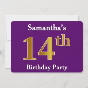 Purple, Faux Gold 14th Birthday Party; Custom Name Invitation