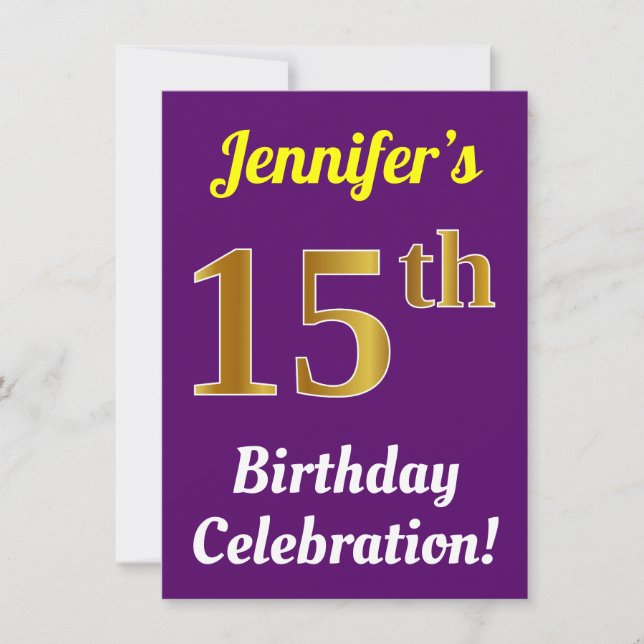 Purple, Faux Gold 15th Birthday Celebration + Name Invitation (Front)