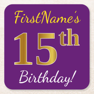 Purple, Faux Gold 15th Birthday + Custom Name Square Paper Coaster