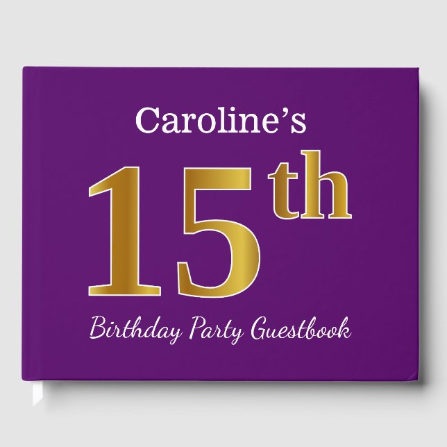 Purple, Faux Gold 15th Birthday Party; Custom Name Guest Book (Front)
