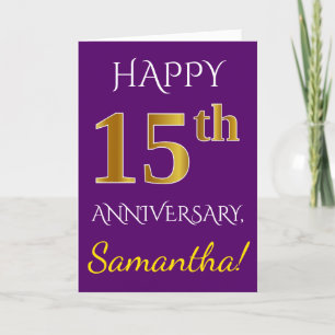 Purple, Faux Gold 15th Wedding Anniversary + Name Card