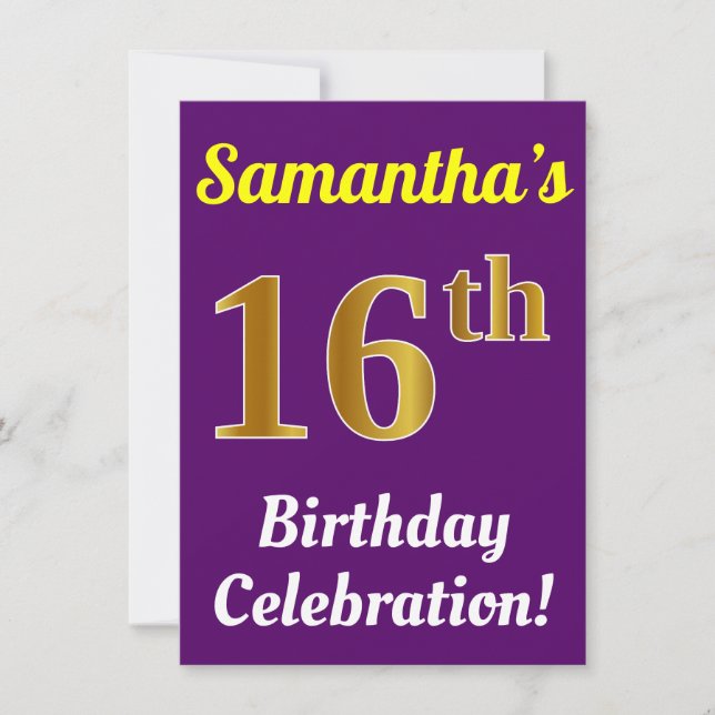 Purple, Faux Gold 16th Birthday Celebration + Name Invitation (Front)