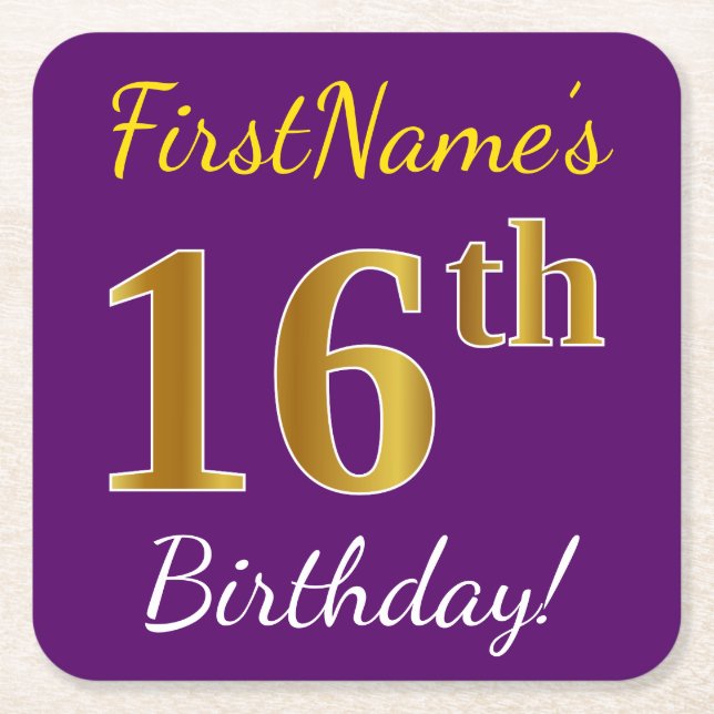 Purple, Faux Gold 16th Birthday + Custom Name Square Paper Coaster (Front)