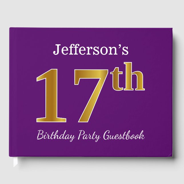 Purple, Faux Gold 17th Birthday Party; Custom Name Guest Book (Front)