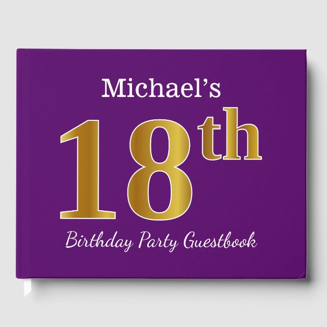 Purple, Faux Gold 18th Birthday Party; Custom Name Guest Book (Front)