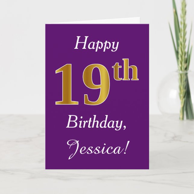 Purple, Faux Gold 19th Birthday + Custom Name Card (Front)