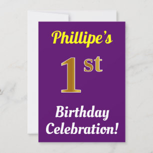 Purple, Faux Gold 1st Birthday Celebration + Name Invitation