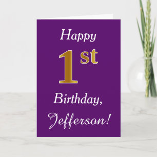 Purple, Faux Gold 1st Birthday + Custom Name Card