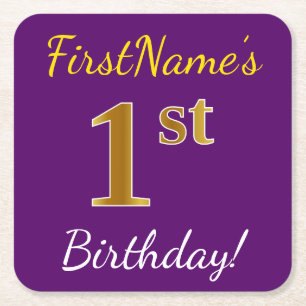 Purple, Faux Gold 1st Birthday + Custom Name Square Paper Coaster
