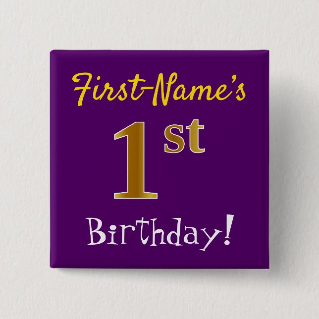 Purple, Faux Gold 1st Birthday, With Custom Name 15 Cm Square Badge (Front)