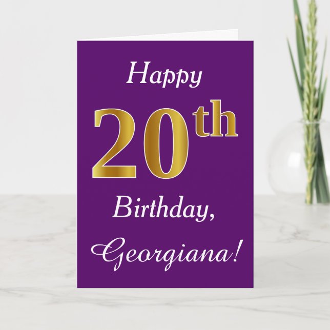 Purple, Faux Gold 20th Birthday + Custom Name Card (Front)