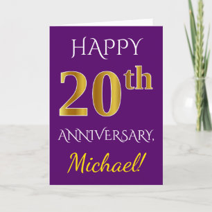 Purple, Faux Gold 20th Wedding Anniversary + Name Card