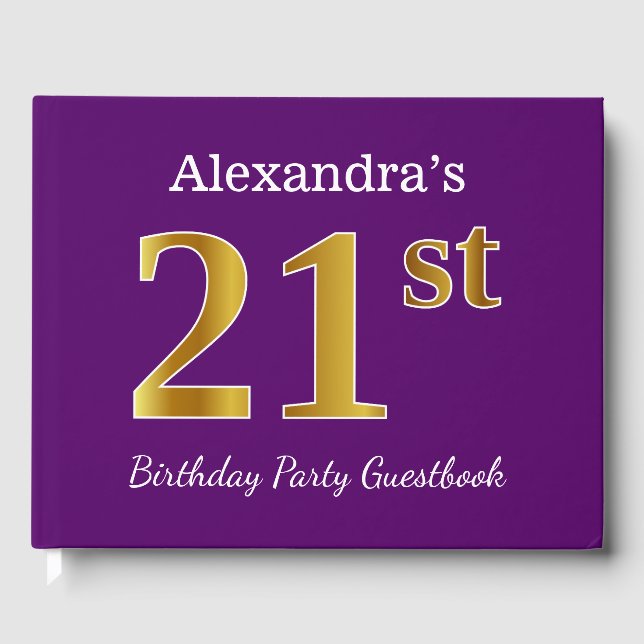 Purple, Faux Gold 21st Birthday Party; Custom Name Guest Book (Front)