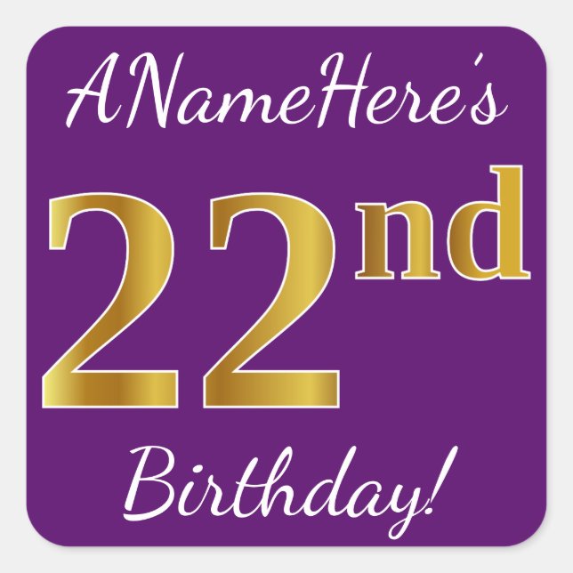 Purple, Faux Gold 22nd Birthday + Custom Name Square Sticker (Front)
