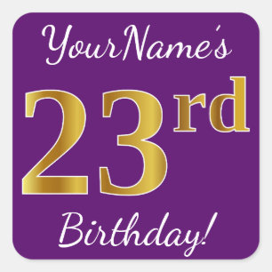 Purple, Faux Gold 23rd Birthday + Custom Name Square Sticker