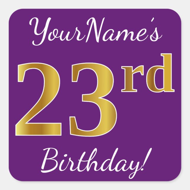 Purple, Faux Gold 23rd Birthday + Custom Name Square Sticker (Front)
