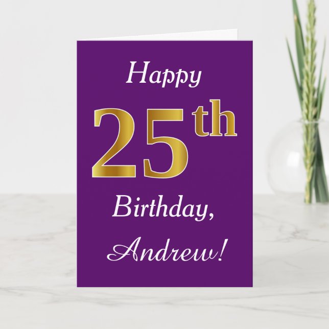 Purple, Faux Gold 25th Birthday + Custom Name Card (Front)