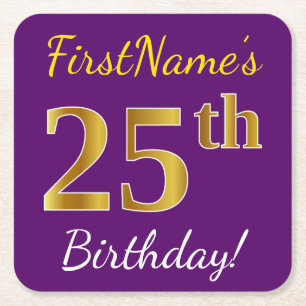 Purple, Faux Gold 25th Birthday + Custom Name Square Paper Coaster