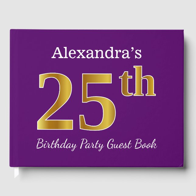 Purple, Faux Gold 25th Birthday Party; Custom Name Guest Book (Front)