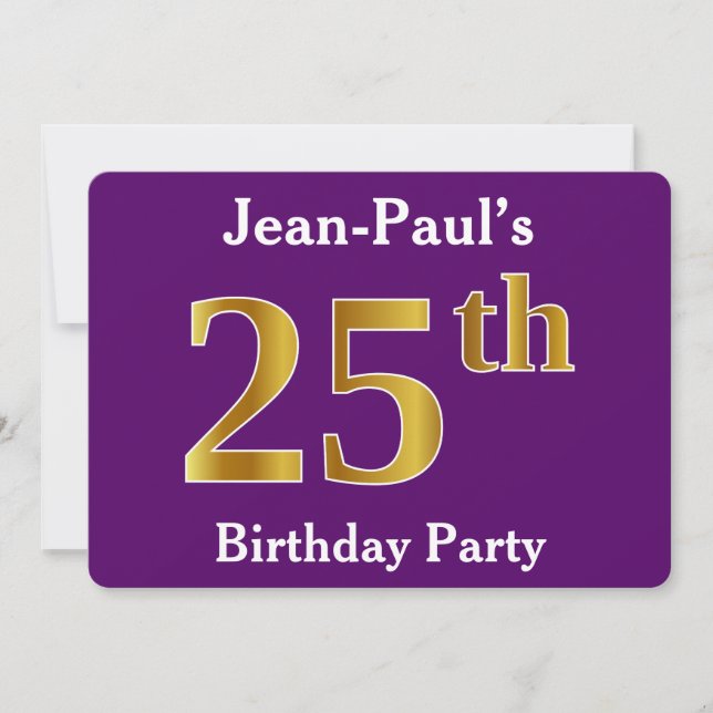 Purple, Faux Gold 25th Birthday Party; Custom Name Invitation (Front)