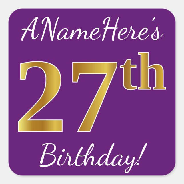 Purple, Faux Gold 27th Birthday + Custom Name Square Sticker (Front)