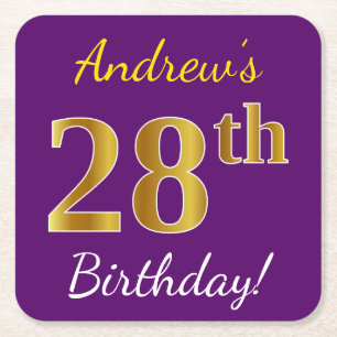 Purple, Faux Gold 28th Birthday + Custom Name Square Paper Coaster