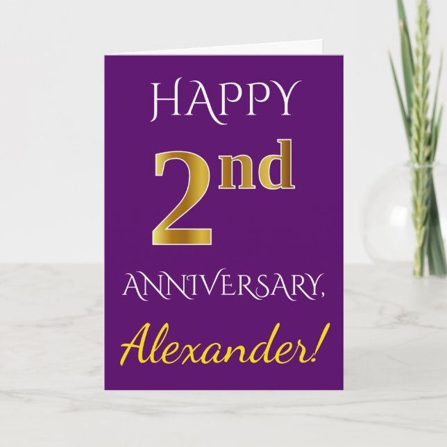 Purple, Faux Gold 2nd Wedding Anniversary + Name Card (Front)