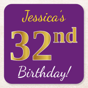 Purple, Faux Gold 32nd Birthday + Custom Name Square Paper Coaster