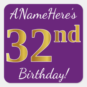 Purple, Faux Gold 32nd Birthday + Custom Name Square Sticker
