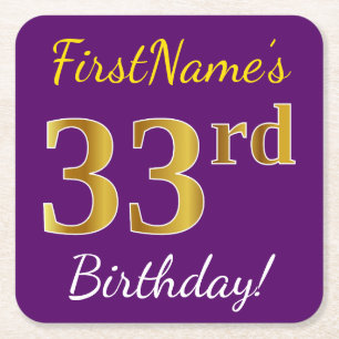 Purple, Faux Gold 33rd Birthday + Custom Name Square Paper Coaster