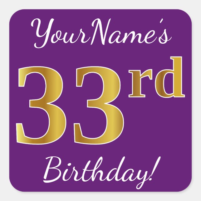 Purple, Faux Gold 33rd Birthday + Custom Name Square Sticker (Front)