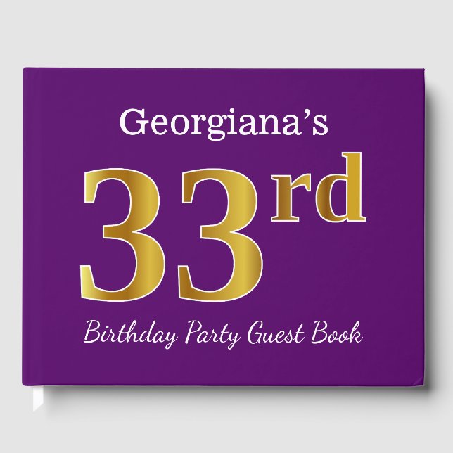 Purple, Faux Gold 33rd Birthday Party; Custom Name Guest Book (Front)