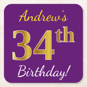 Purple, Faux Gold 34th Birthday + Custom Name Square Paper Coaster